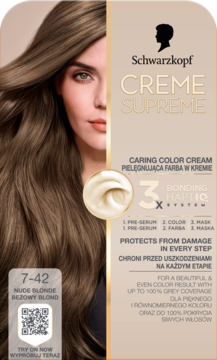 Schwarzkopf Creme Supreme farba do włosów 7-42 Nude Blonde. Opakowanie z modelką i opisem HaptIQ System.