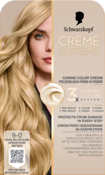 Schwarzkopf Creme Supreme 9-0 Naturalny Bardzo Jasny Blond farba do włosów; pudełko i kobieta z blond włosami.