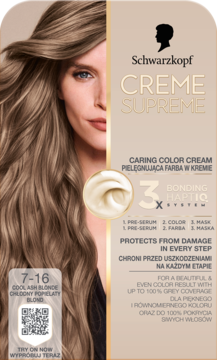 Schwarzkopf Creme Supreme 7-16 Chłodny Popielaty Blond, pielęgnująca farba do włosów z Bonding Haptiq System.