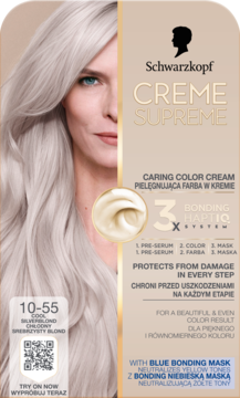Schwarzkopf Creme Supreme 10-55 Chłodny Srebrzysty Blond, krem do włosów z HaptIQ System, widok z przodu.