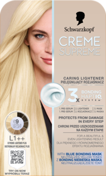 Widok opakowania Schwarzkopf Creme Supreme L1++ rozjaśniacza do 9 poziomów, z blondynką i maską neutralizującą żółte tony.