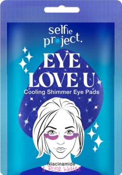 Niebieska saszetka Selfie Project Eye Love U chłodzących płatków pod oczy z niacynamidem i wodą różaną, widok przód.