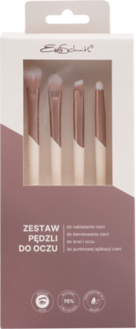 Zestaw 4 pędzli do makijażu oczu Ewa Schmitt w różowym pudełku z okienkiem. Pędzle mają wegańskie włosie z recyklingu.