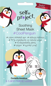 Selfie Project Soothing Sheet Mask #CoolPenguin, jasnoniebieska saszetka z motywem pingwinów, Centella Asiatica.