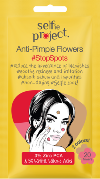 Selfie Project Anti-Pimple Flowers z cynkiem i kwasem wierzbowym, żółte opakowanie, widok z przodu.