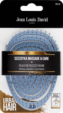 Niebieska spiralna szczotka Jean Louis David Massage & Care do włosów cienkich i normalnych, widok z przodu w opakowaniu.