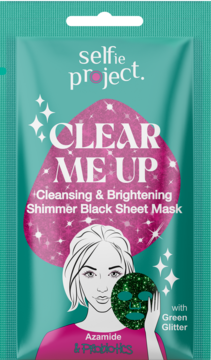 Selfie Project Clear Me Up czarna maska w płachcie z zielonym brokatem, w turkusowej saszetce z grafiką.