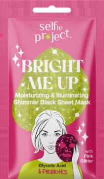 Selfie Project Bright Me Up rozświetlająca maska, różowa saszetka z brokatem i ilustracją twarzy.