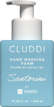 Cluddi Hand Washing Foam Santorini, jasnoniebieska butelka z pompką, widok z przodu, białe napisy.