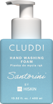 Cluddi Hand Washing Foam Santorini, jasnoniebieska butelka z pompką, widok z przodu, białe napisy.