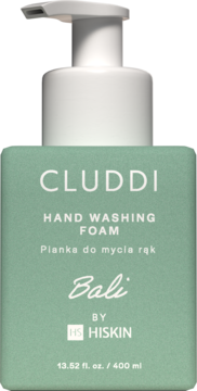 Zielona butelka pianki do mycia rąk Cluddi by Hiskin Bali 400ml, z białą pompką, widok z przodu.