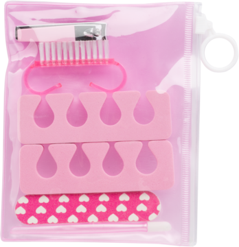 Różowy zestaw do pedicure Fun Care Ewa Schmitt w przezroczystym etui: separatory, obcinaczka, pilniczek, szczoteczka.