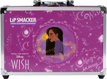 Purpurowy kuferek Lip Smacker z zestawem makijażowym Disney Wish, postacią Asha, widok z przodu.