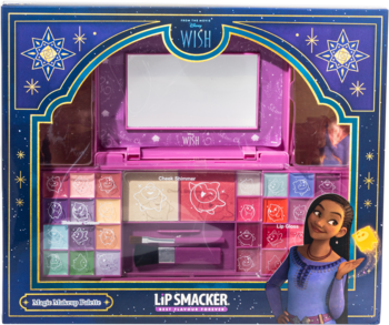 Paleta do makijażu Lip Smacker Disney Wish dla dzieci w niebieskim pudełku z lusterkiem i pędzelkami.