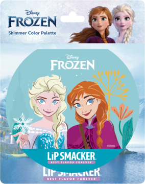 Zestaw Disney Frozen: prostokątna paleta do makijażu Shimmer Color i okrągły Lip Smacker z Elsą i Anną. Frontalnie.