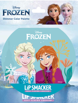 Opakowanie dziecięcej palety do makijażu Lip Smacker Frozen z Elsą i Anną na tle zimowego krajobrazu.