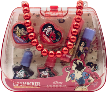 Zestaw Lip Smacker Snow White w przezroczystej torebce z czerwonymi perłowymi koralikami, zawiera kosmetyki dla dzieci.