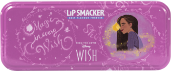 Fioletowy, prostokątny zestaw do makijażu dla dzieci Lip Smacker Disney Wish, metalowy piórnik z grafiką postaci.