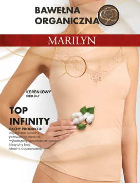 Cielisty top Marilyn Infinity z bawełny organicznej, z koronkowym dekoltem, noszony przez modelkę. Gładki materiał.