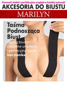 Czarna taśma podnosząca biust Marilyn na torsie kobiety, zapewniająca naturalne uniesienie i perfekcyjny kształt.