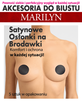 Marilyn: czarne, okrągłe satynowe osłonki na brodawki, samoprzylepne, widoczne na nagim torsie. 5 sztuk.