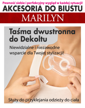 Kobieta z przezroczystą taśmą Marilyn do dekoltu na biuście, mocującą ubranie. Widok z przodu.