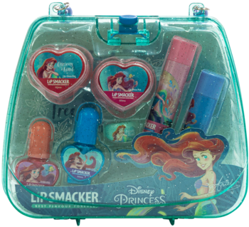 Przezroczysty zestaw makijażu Lip Smacker Ariel Mini Tote Bag z błyszczykami, lakierami, cieniami i pierścionkiem.