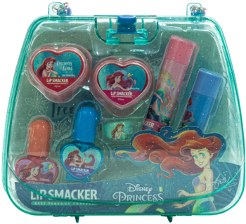 Przezroczysty zestaw makijażu Lip Smacker Ariel Mini Tote Bag z błyszczykami, lakierami, cieniami i pierścionkiem.