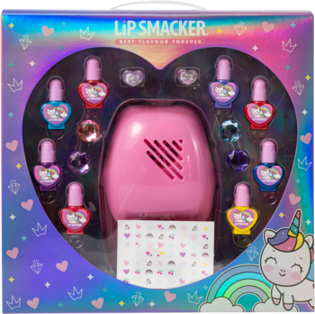 Holograficzny zestaw Lip Smacker do paznokci w kształcie serca, z różowym wysuszaczem i 8 lakierami dla dzieci.
