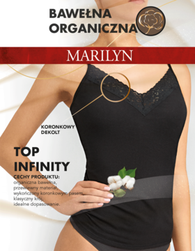 Marilyn TOP INFINITY, czarny top z bawełny organicznej, koronkowy dekolt V. Widok z przodu na modelce.