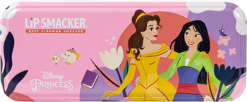 Różowy metalowy zestaw Lip Smacker Disney Princess dla dzieci, z Belle i Mulan na wieczku.