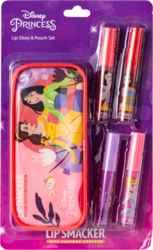 Zestaw Lip Smacker Disney Princess: 4 błyszczyki z księżniczkami i różowa kosmetyczka na suwak, w blistrze, z przodu.