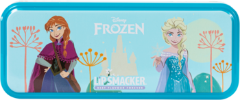 Metalowy piórnik Lip Smacker Disney Frozen z Anną i Elsą, niebieski, dziecięcy zestaw do makijażu.