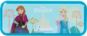 Metalowy piórnik Lip Smacker Disney Frozen z Anną i Elsą, niebieski, dziecięcy zestaw do makijażu.