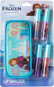 Zestaw Lip Smacker Frozen: 4 błyszczyki o smaku i niebieska kosmetyczka z Elsą i Anną w blisterze. Widok z przodu.