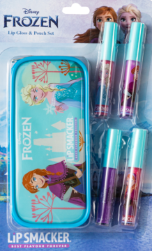 Zestaw Lip Smacker Frozen: 4 smakowe błyszczyki i turkusowa kosmetyczka z grafiką bohaterów, w opakowaniu.