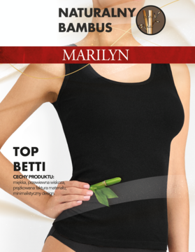 Czarny top damski Betti z bambusa na ramiączkach, na modelce. Widoczne napisy Marilyn i Naturalny Bambus.