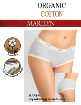 Marilyn Karen: szare, wysokie figi damskie z organicznej bawełny z szeroką gumką, na modelce, widok przód i tył.