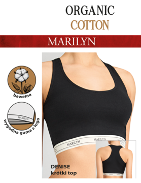 Czarny sportowy top Denise Marilyn z organicznej bawełny, z białą gumką z logo, na modelce, widok z przodu.