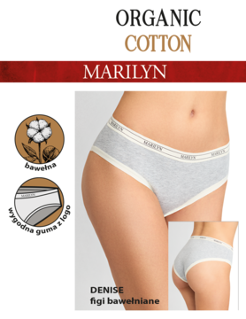 Modelka prezentuje szare figi Marilyn Denise z organicznej bawełny, z elastyczną gumką, przód/tył.