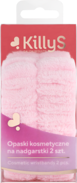 Różowe, puszyste opaski kosmetyczne KillyS na nadgarstki (2 szt.), chłonne, widok z przodu.