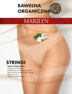 Beżowe stringi Marilyn z organicznej bawełny, z koronkowym wykończeniem, na modelce, blisko brzucha.