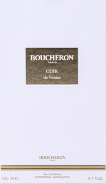 Białe opakowanie wody perfumowanej unisex Boucheron Cuir De Venise 125 ml, z brązową etykietą i złotym detalem.
