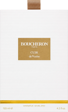 Pudełko wody perfumowanej Boucheron Cuir de Venise 125ml, białe ze złotą etykietą, widok z przodu.