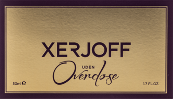 Prostokątne pudełko perfum Xerjoff Uden Overdose unisex w odcieniach złota i purpury, widok z przodu.