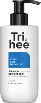 Biały szampon nawilżający Tri.hee Hydro Care Trichology w butelce z czarną pompką, widok z przodu.