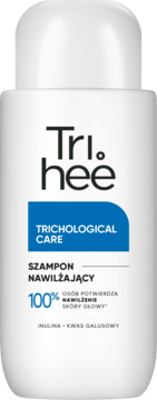 Tri.hee szampon nawilżający w białej butelce, przód, niebieska etykieta "Trichological Care", inulina.