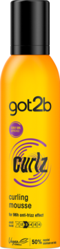 got2b Curlz curling mousse w pomarańczowej butelce z czarną nakrętką, widok z przodu. Podkreśla loki, 96h anti-frizz.