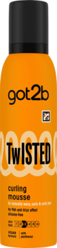 Got2b Twisted curling mousse w pomarańczowej butelce z czarną nakrętką, widok z przodu. Do loków, wegańska, anti-frizz.
