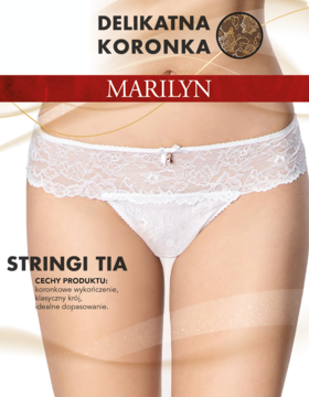 Białe koronkowe stringi Marilyn Tia z satynową kokardką i biżuteryjnym detalem, noszone przez modelkę.